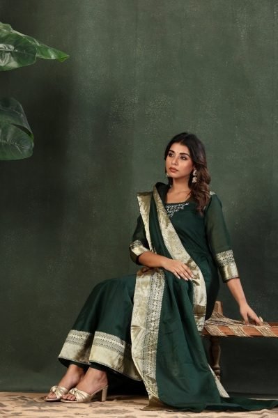 Green Kanchi Cotton Maxi Gown with Jacquard Lace and Embroidery for Festive Wear Embroidery Kurtis 