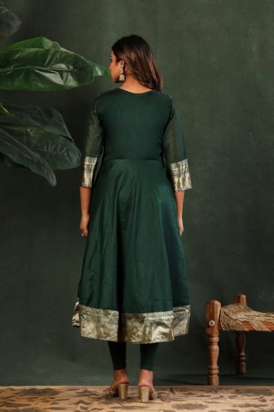 Green Kanchi Cotton Maxi Gown with Jacquard Lace and Embroidery for Festive Wear Embroidery Kurtis 