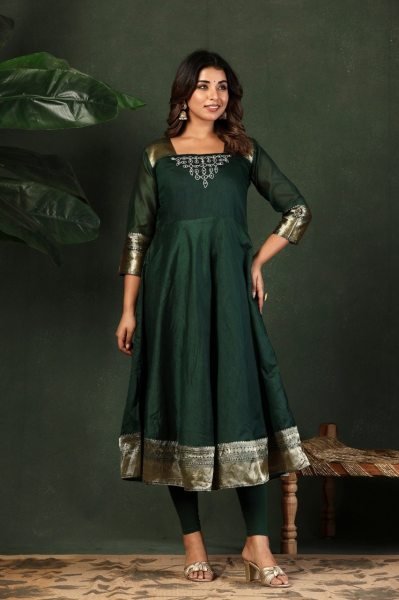 Green Kanchi Cotton Maxi Gown with Jacquard Lace and Embroidery for Festive Wear Embroidery Kurtis 