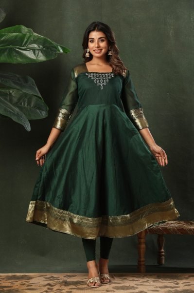 Green Kanchi Cotton Maxi Gown with Jacquard Lace and Embroidery for Festive Wear Embroidery Kurtis 