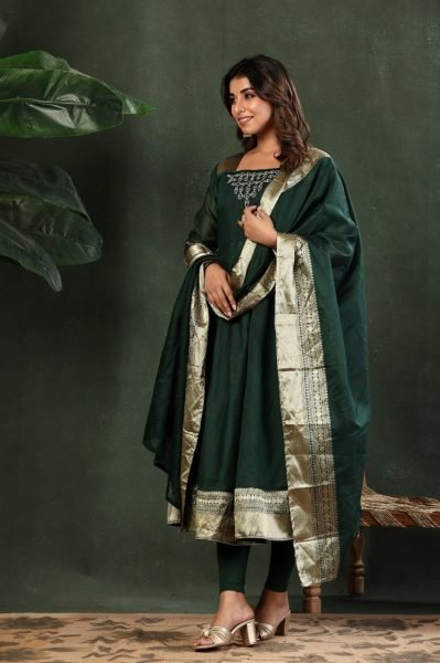 Green Kanchi Cotton Maxi Gown with Jacquard Lace and Embroidery for Festive Wear Embroidery Kurtis 