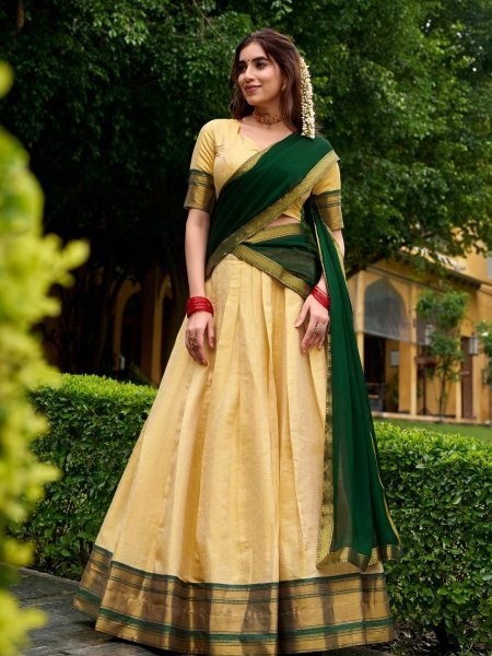 Green Kanchipuram Zari Lace Work Lehenga Choli South Indian Festival Look  Lehenga