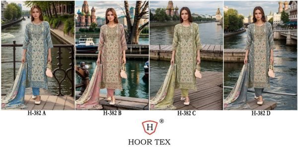Green Muslin Printed Pakistani Suit Semi Stitched Hoor Tex H 382C Pakistani Suits Wholesale