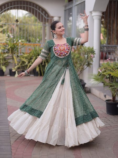 Green Navratri Lehenga Kurti Set with Bandhani Print and Kutchi Work For Garba Night  Lehenga