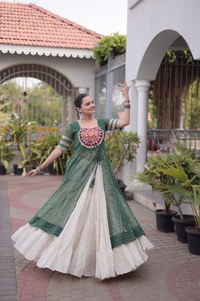 Green Navratri Lehenga Kurti Set with Bandhani Print and Kutchi Work For Garba Night Navratri Lehnega Choli