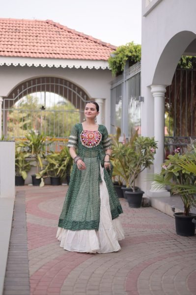 Green Navratri Lehenga Kurti Set with Bandhani Print and Kutchi Work For Garba Night Navratri Lehnega Choli