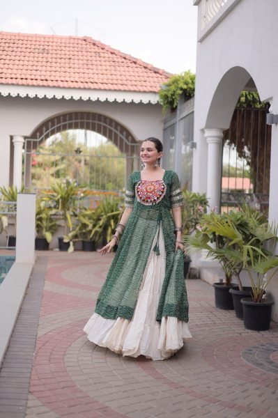 Green Navratri Lehenga Kurti Set with Bandhani Print and Kutchi Work For Garba Night Navratri Lehnega Choli