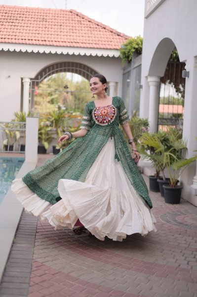 Green Navratri Lehenga Kurti Set with Bandhani Print and Kutchi Work For Garba Night Navratri Lehnega Choli