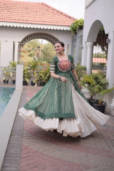 Green Navratri Lehenga Kurti Set with Bandhani Print and Kutchi Work For Garba Night Navratri Lehnega Choli