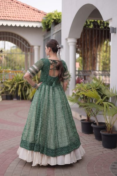 Green Navratri Lehenga Kurti Set with Bandhani Print and Kutchi Work For Garba Night Navratri Lehnega Choli
