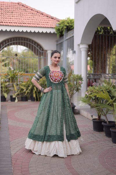 Green Navratri Lehenga Kurti Set with Bandhani Print and Kutchi Work For Garba Night Navratri Lehnega Choli
