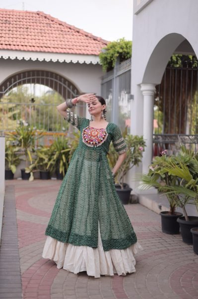 Green Navratri Lehenga Kurti Set with Bandhani Print and Kutchi Work For Garba Night Navratri Lehnega Choli