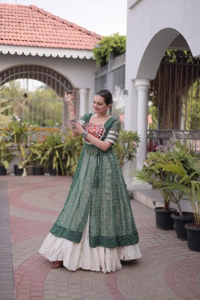 Green Navratri Lehenga Kurti Set with Bandhani Print and Kutchi Work For Garba Night Navratri Lehnega Choli