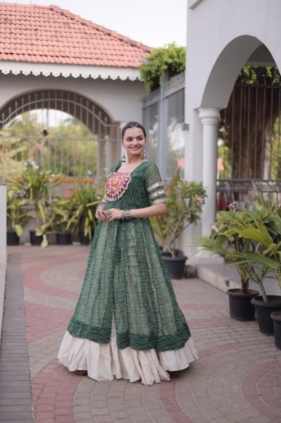 Green Navratri Lehenga Kurti Set with Bandhani Print and Kutchi Work For Garba Night Navratri Lehnega Choli