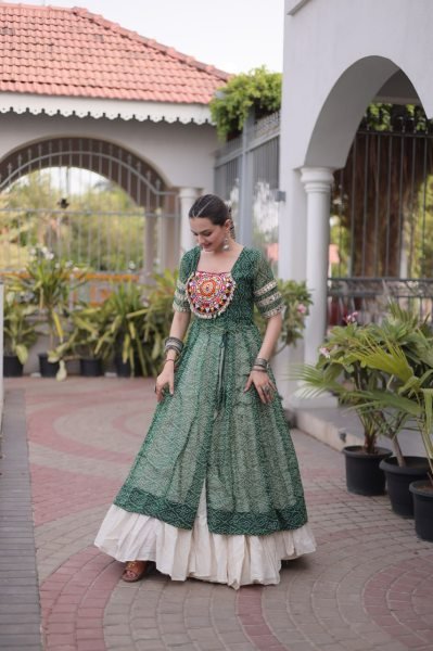 Green Navratri Lehenga Kurti Set with Bandhani Print and Kutchi Work For Garba Night Navratri Lehnega Choli
