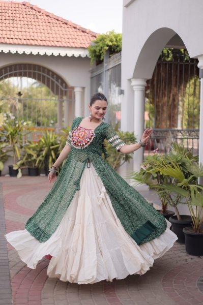 Green Navratri Lehenga Kurti Set with Bandhani Print and Kutchi Work For Garba Night Navratri Lehnega Choli