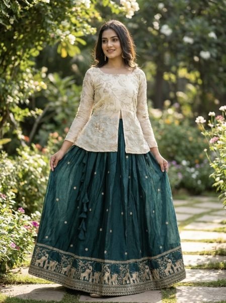 Green OffWhite Fendy Silk Lehenga Collection for Boutique and Reseller Buyers Ready To Wear Collection