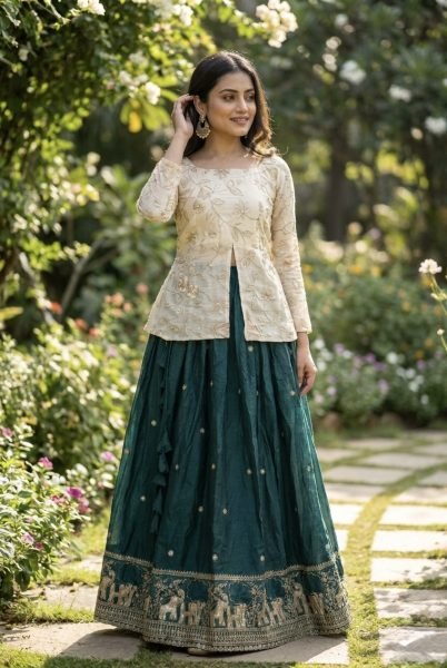Green OffWhite Fendy Silk Lehenga Collection for Boutique and Reseller Buyers Ready To Wear Collection