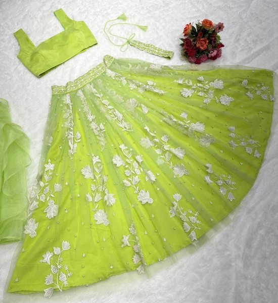 Green Organza Shrug Lehenga Choli With Duppatta Designer Lehenga Choli