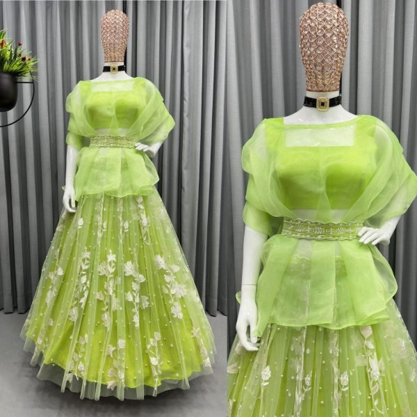 Green Organza Shrug Lehenga Choli With Duppatta Designer Lehenga Choli