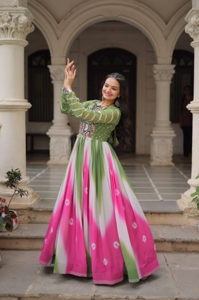 Green Pink Faux Georgette Bandhej Print Gown with Mirror and Gamthi Work Perfect for Navratri Nights Navratri Collection