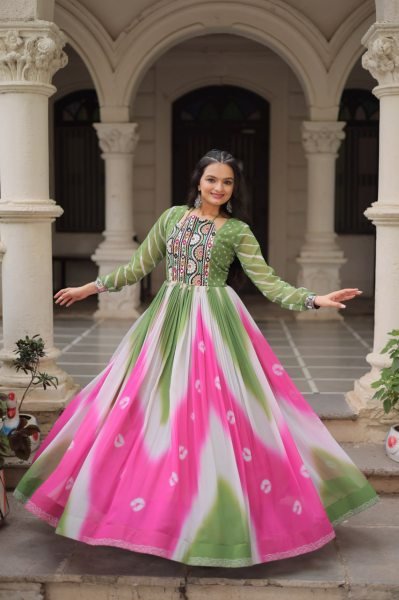 Green Pink Faux Georgette Bandhej Print Gown with Mirror and Gamthi Work Perfect for Navratri Nights Navratri Collection
