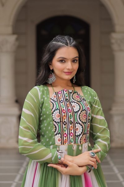 Green Pink Faux Georgette Bandhej Print Gown with Mirror and Gamthi Work Perfect for Navratri Nights Navratri Collection