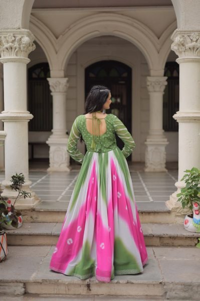 Green Pink Faux Georgette Bandhej Print Gown with Mirror and Gamthi Work Perfect for Navratri Nights Navratri Collection