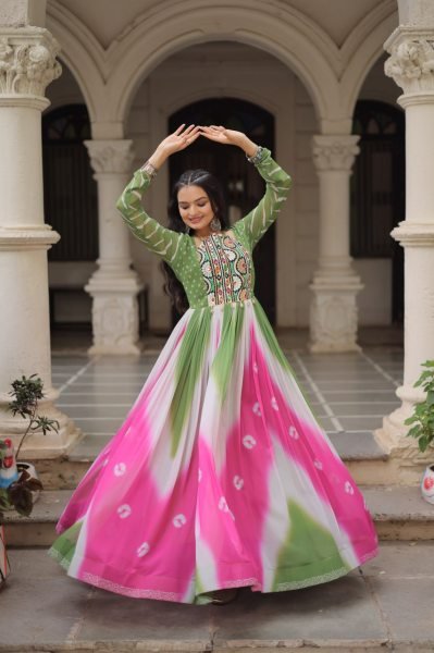 Green Pink Faux Georgette Bandhej Print Gown with Mirror and Gamthi Work Perfect for Navratri Nights Navratri Collection