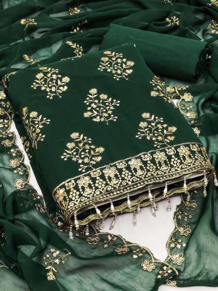 Green Poly Blend Embroidered Suit Material Designer Wedding Collection Dress Material 