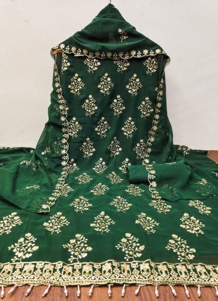 Green Poly Blend Embroidered Suit Material Designer Wedding Collection Color Set Matching Dress Material Wholesale