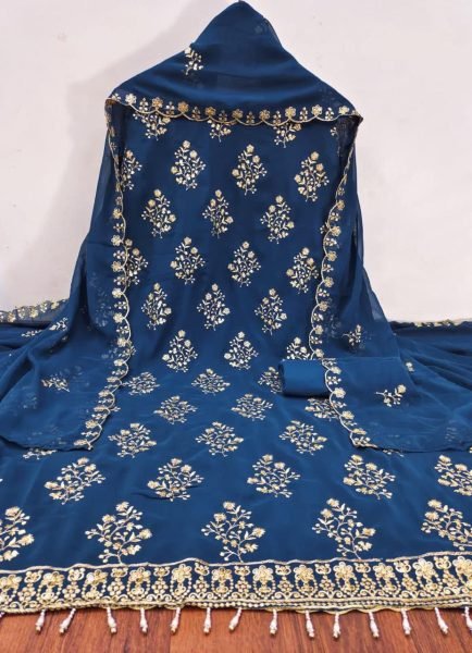 Green Poly Blend Embroidered Suit Material Designer Wedding Collection Color Set Matching Dress Material Wholesale
