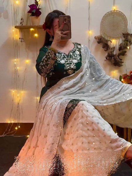 Green Sharara Suit with White Palazzo and Embroidered Dupatta at Low Price 