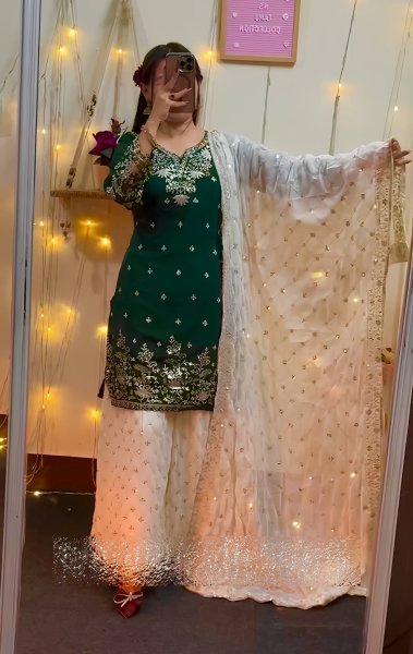 Green Sharara Suit with White Palazzo and Embroidered Dupatta at Low Price Ready To Wear Collection