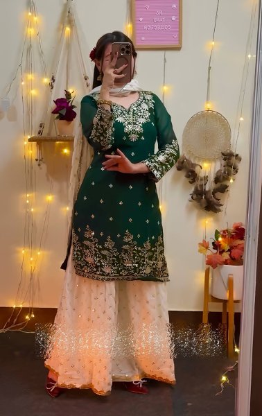 Green Sharara Suit with White Palazzo and Embroidered Dupatta at Low Price Ready To Wear Collection