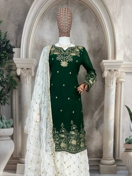 Green Sharara Suit with White Palazzo and Embroidered Dupatta at Low Price Ready To Wear Collection