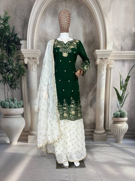 Green Sharara Suit with White Palazzo and Embroidered Dupatta at Low Price Ready To Wear Collection