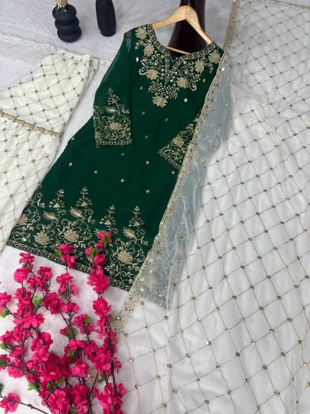 Green Sharara Suit with White Palazzo and Embroidered Dupatta at Low Price Ready To Wear Collection