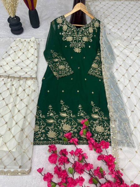 Green Sharara Suit with White Palazzo and Embroidered Dupatta at Low Price Ready To Wear Collection