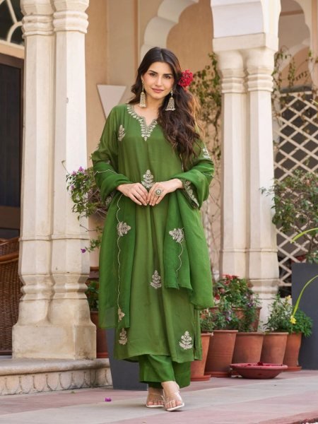  Green Viscose Chanderi Suit Set with Embroidered Kurti and Organza Embroidered Dupatta 
