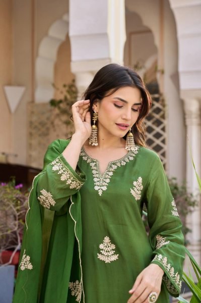  Green Viscose Chanderi Suit Set with Embroidered Kurti and Organza Embroidered Dupatta Embroidery Kurtis 