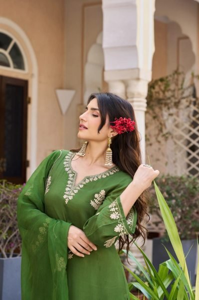 Green Viscose Chanderi Suit Set with Embroidered Kurti and Organza Embroidered Dupatta Embroidery Kurtis 