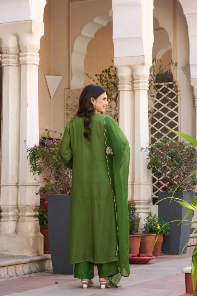  Green Viscose Chanderi Suit Set with Embroidered Kurti and Organza Embroidered Dupatta Embroidery Kurtis 