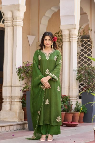  Green Viscose Chanderi Suit Set with Embroidered Kurti and Organza Embroidered Dupatta Embroidery Kurtis 