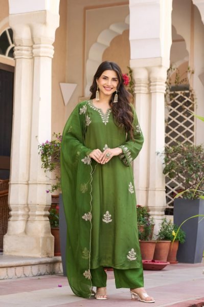  Green Viscose Chanderi Suit Set with Embroidered Kurti and Organza Embroidered Dupatta Embroidery Kurtis 