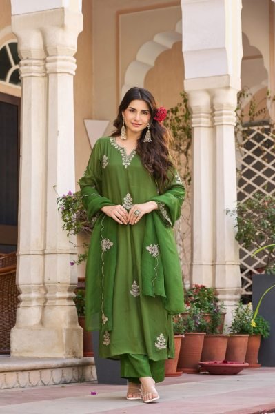  Green Viscose Chanderi Suit Set with Embroidered Kurti and Organza Embroidered Dupatta Embroidery Kurtis 