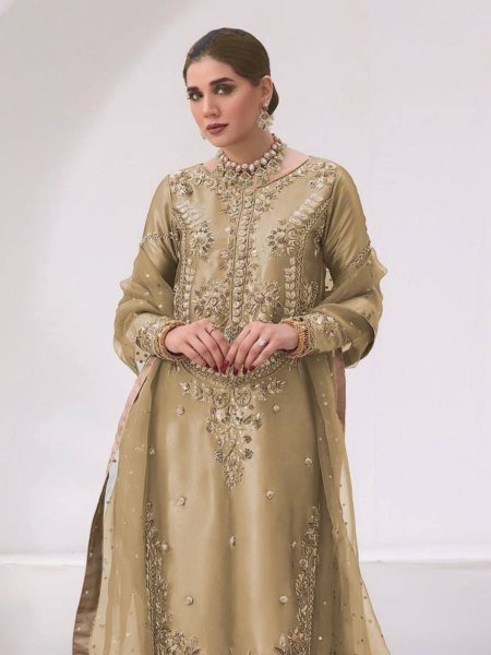 Greenish Gold Jimmy Choo Silk Top Pent Set with Butterfly Net Dupatta for Women