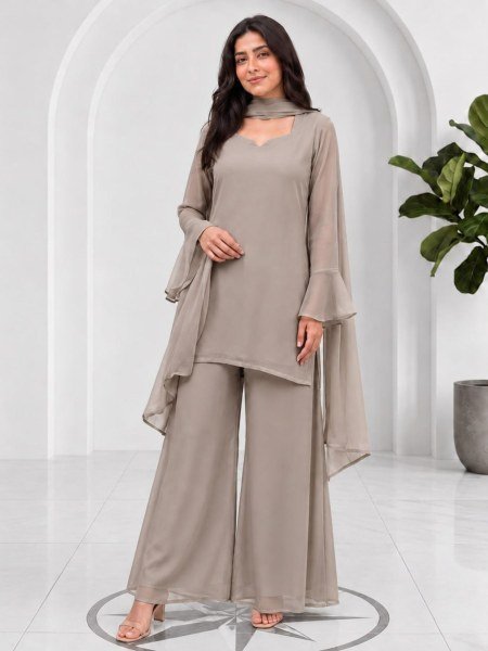 Grey 90s Style Palazzo Dress Collection with Round Neck and Tassel Tie Up Kurtis