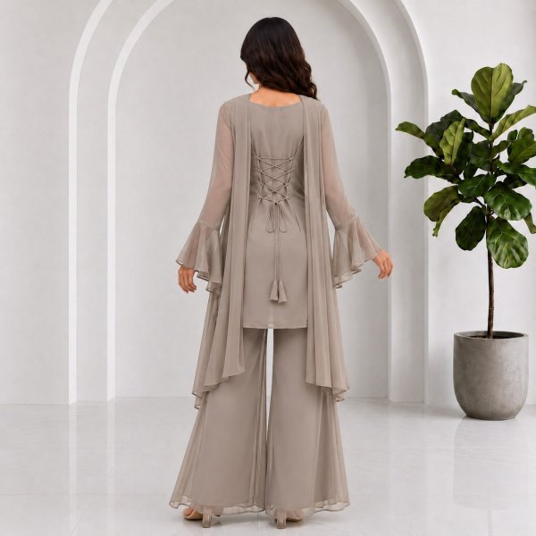 Grey 90s Style Palazzo Dress Collection with Round Neck and Tassel Tie Up Full Set Kurti