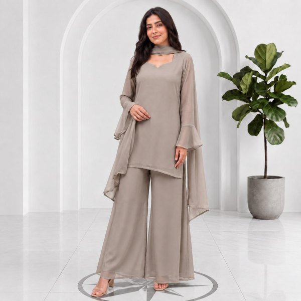 Grey 90s Style Palazzo Dress Collection with Round Neck and Tassel Tie Up Full Set Kurti